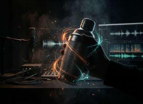 Audio timeline using a subtle rattle as a rhythmic texture under a montage