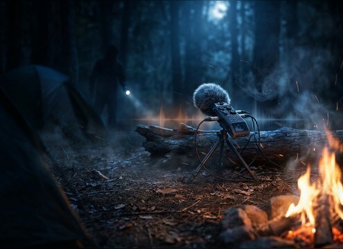 Campground scene with subtle rattlesnake warning rattle in the background
