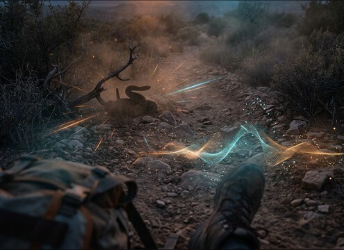 First-person hiking scene sound design using distant rattlesnake rattle