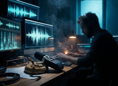 Audio drama session placing rattlesnake rattle under dialogue