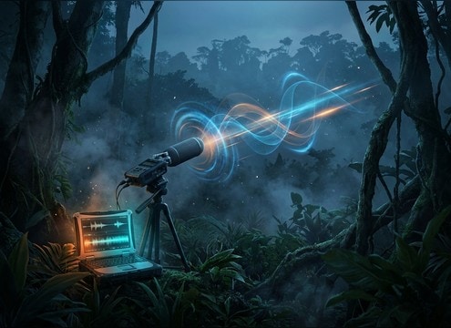 Jungle establishing shot with distant roar ambience