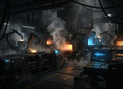 Robot factory ambience with distant motors and relays