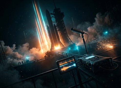 Countdown video with launchpad rocket audio and PA ambience