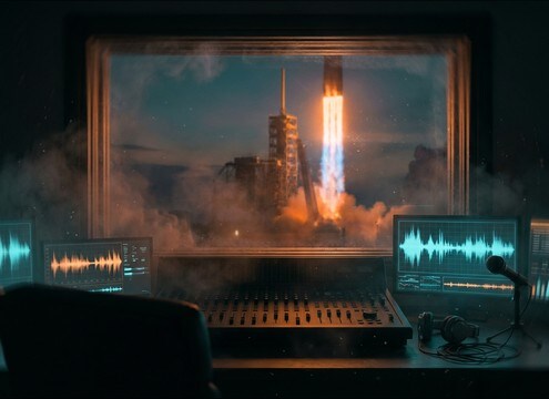Interior control room scene with low frequency rocket launch vibration