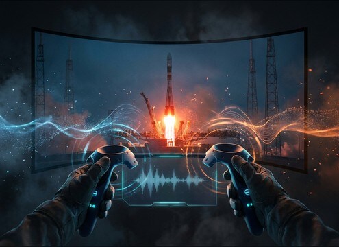 VR launchpad simulation using wide stereo rocket liftoff audio