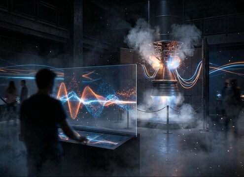 Museum exhibit audio with periodic rocket ignition hits and rumble bed