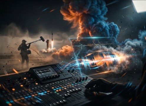Video edit replacing thin on-set audio with clean rocket thrust rumble