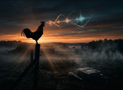 Rooster crow sound synced to a sunrise establishing shot