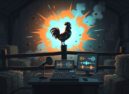 Comedic rooster crow sound effect for cartoon barnyard gag