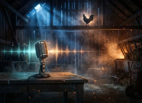 Barn echo rooster crow used as radio drama morning cue