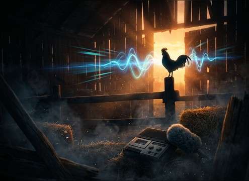 Bright rooster crow used as a cartoon barnyard cue