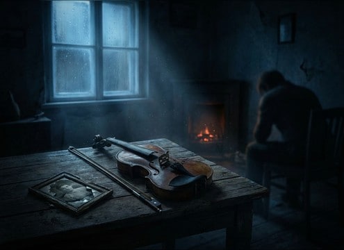 Sad violin note under a grief cutaway scene