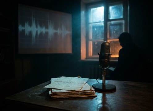Distant sad violin sound effect under a letter reading voiceover