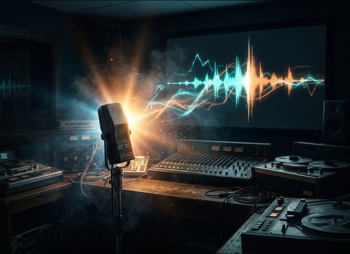 Audio drama timeline with jumpscare sting placed under dialogue
