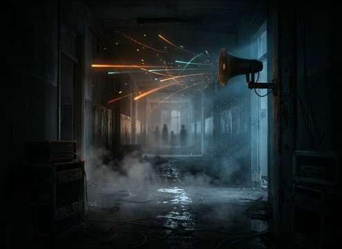 Haunted house corridor with speaker playing distant evil laughter