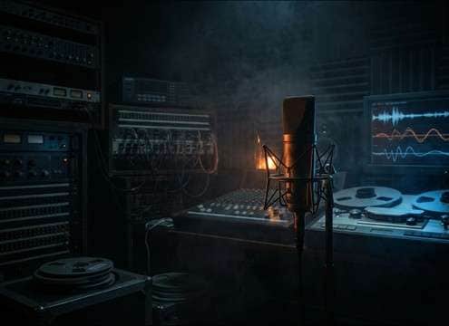 Audio drama waveform with a subtle whisper laugh under dialogue