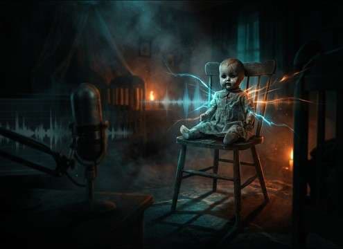 Creepy doll on a bed with a small giggle sound cue