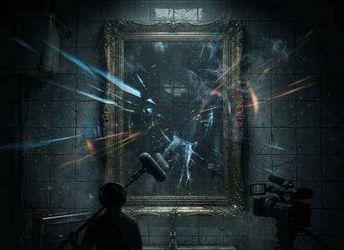 Bathroom mirror scene with reflected audio vibe