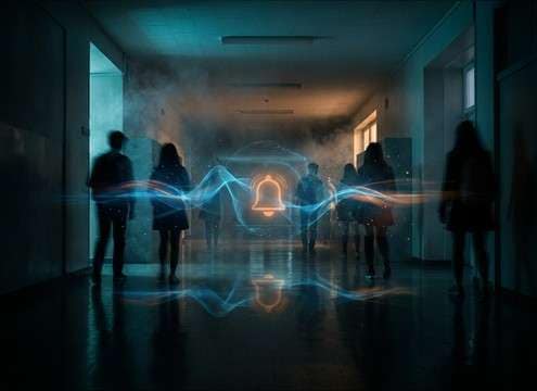 Distant school bell in a busy hallway scene