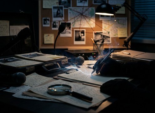 Detective marking documents with paper scratch foley