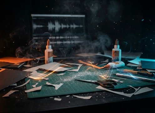 Stop-motion craft table with paper rubbing sounds