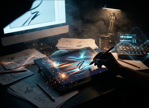 Storyboard artist sketching with pencil scratch audio