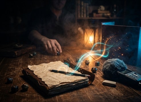 Tabletop roleplaying notes with paper scratch foley