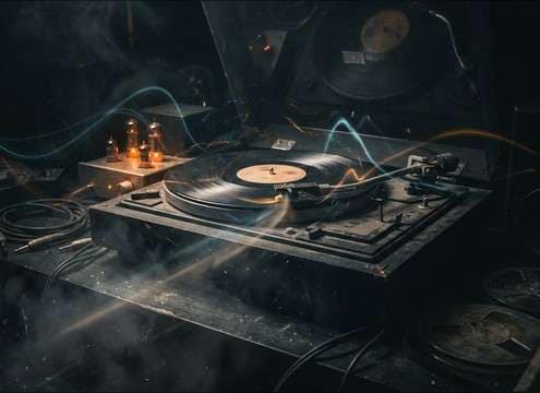 Mono scratchy record ambience for an audio drama flashback