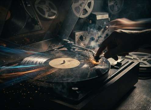 Turntable stop-start scratch for a montage transition