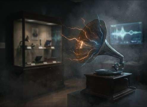 Record surface noise for a museum exhibit gramophone display