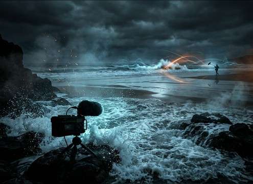 Distant surf bed supporting an audio drama scene