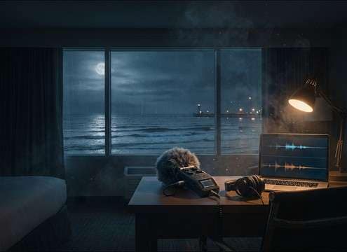 Subtle distant ocean waves behind indoor ambience