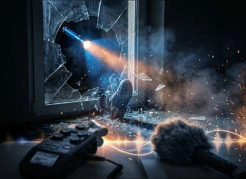 Nighttime break-in scene with glass shards falling to the floor