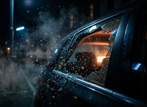 Car window smashing with small glass pieces spraying outward