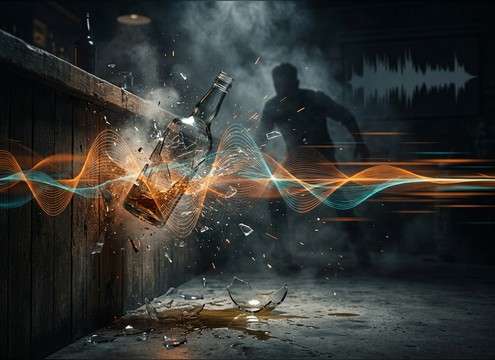 Bottle breaking on a bar floor during a fight scene