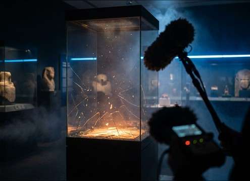 Glass display case cracking under pressure in a museum scene