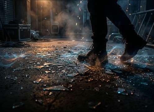 Footsteps moving across a floor covered in glass shards