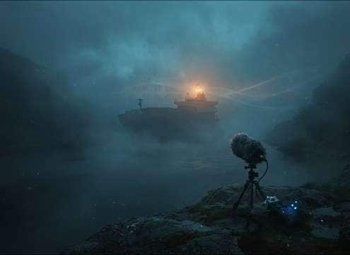 Distant ship horn over foggy water scene