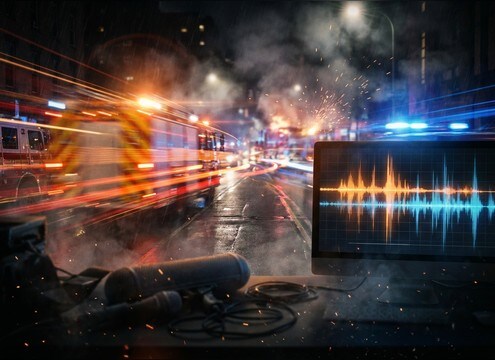 Fire truck hi-lo siren layered with street ambience