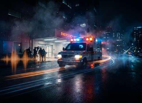 Ambulance pulling up with realistic hi-lo siren sound
