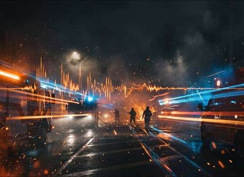 Fire truck approaching on a city street with siren
