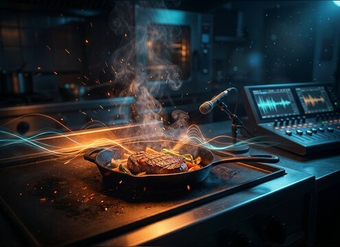 Close-up skillet shot with synced sizzle audio