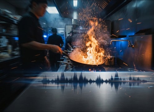 Cooking montage transition with continuous sizzle bed
