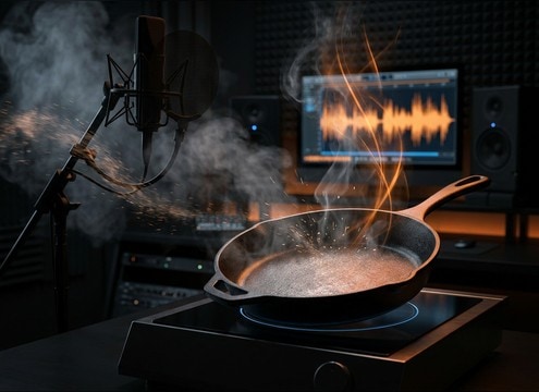 Cookware product demo emphasizing clean pan sizzle