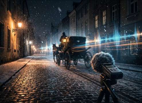 Distant sleigh bells in winter town ambience