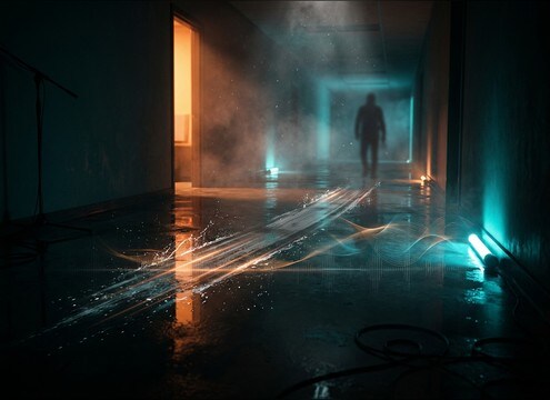 Foot slipping on a wet tile floor in a hallway scene