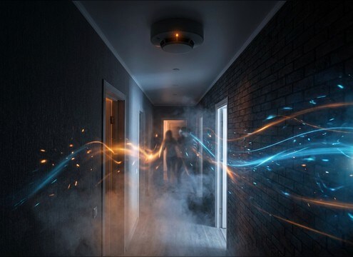 Distant hallway smoke alarm sound for apartment scene