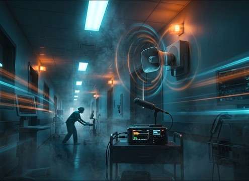 Hospital corridor scene with a facility smoke alarm sound