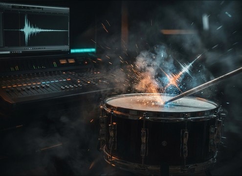 Tight snare one-shot reinforcing a backbeat in a rock edit