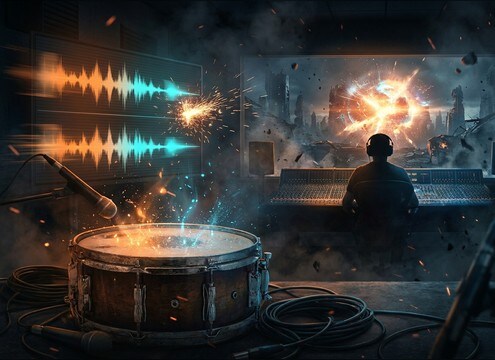 Snare roll crescendo building tension before a trailer title